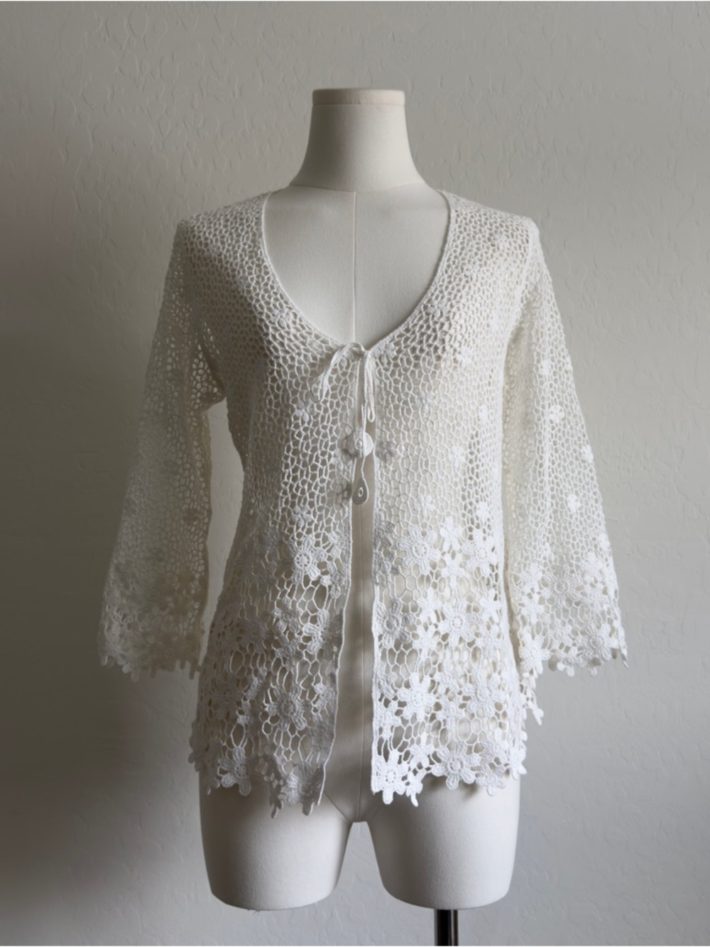 Alfani White Crochet Tie-Front Petite Cardigan